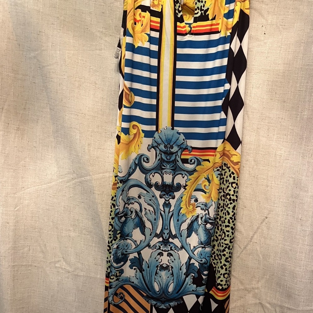 Blue and Yellow Sleeveless Sheath Midi Dress for Resort Wear